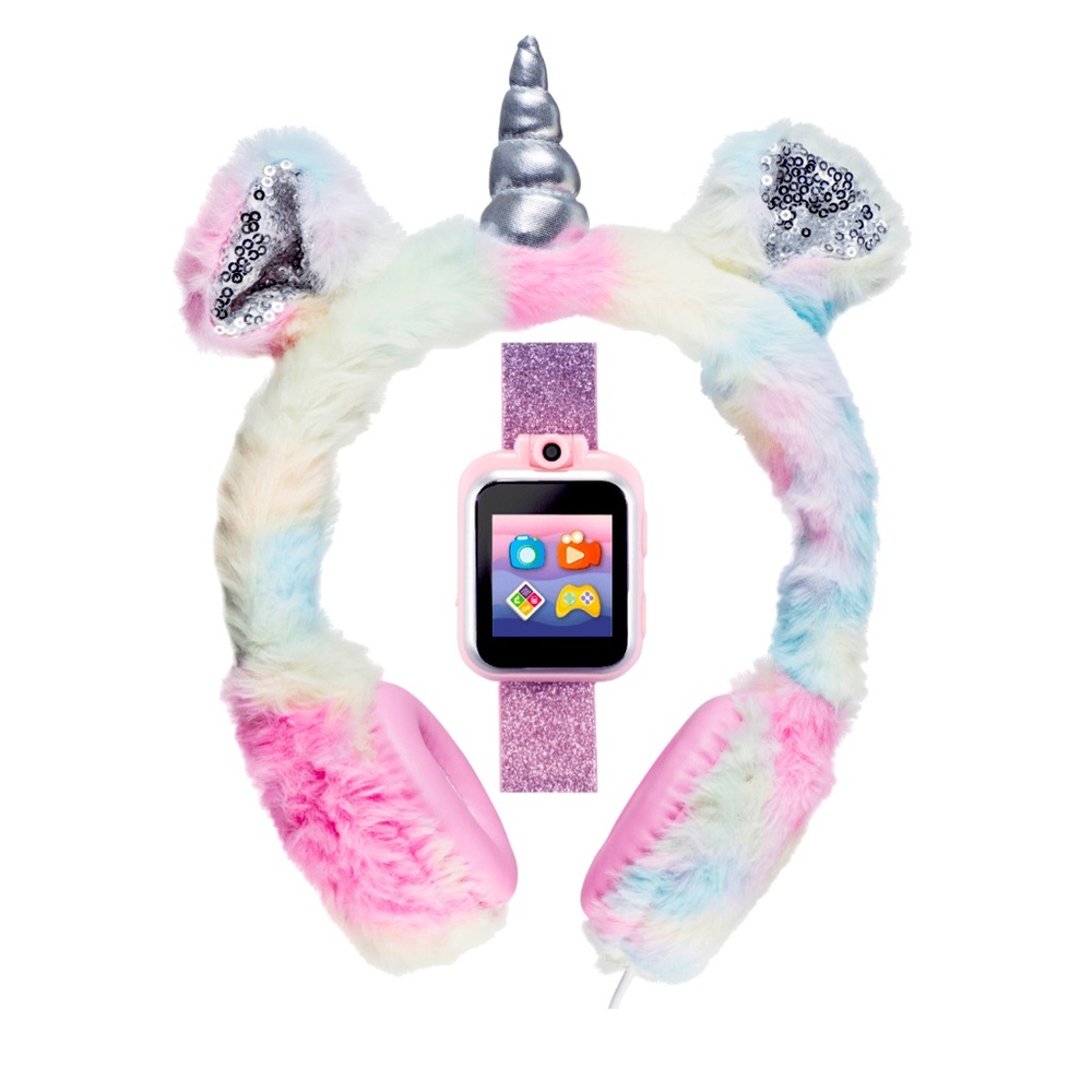 itech Jr kids watch and headphones faux fur unicorn